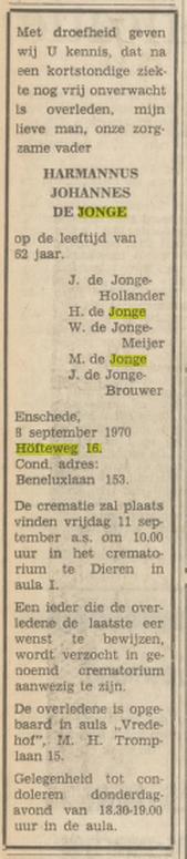 Hofteweg 16 H.J. de Jonge overlijdensadvertentie Tubantia 9-9-1970.jpg