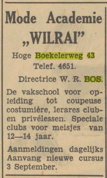 Hoge Boekelerweg 43 W.R. Bos Mode Acadenie Wilrai advertentie Tubantia 22-8-1951.jpg