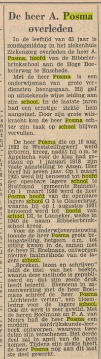Hoge Boekelerweg 47 A. Posma hoofd Ribbelerbrinkschool krantenbericht Tubantia 23-1-1956.jpg