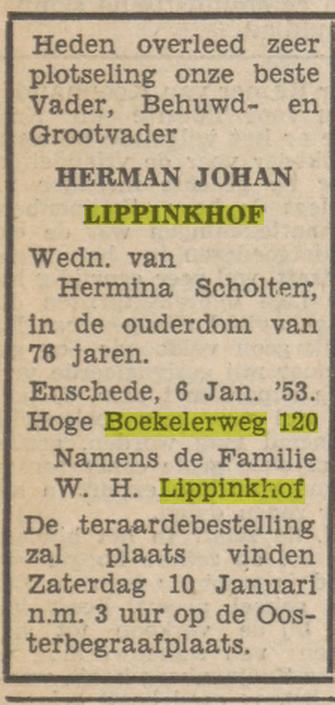 Hoge Boekelerweg 120 H.J. Lippinkhof overlijdensadvertentie Tubantia 7-1-1953.jpg