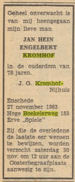 Hoge Boekelerweg 153 Erve Spiele J.H.E. Kromhof overlijdensadvertentie Tubantia 28-11-1963.jpg