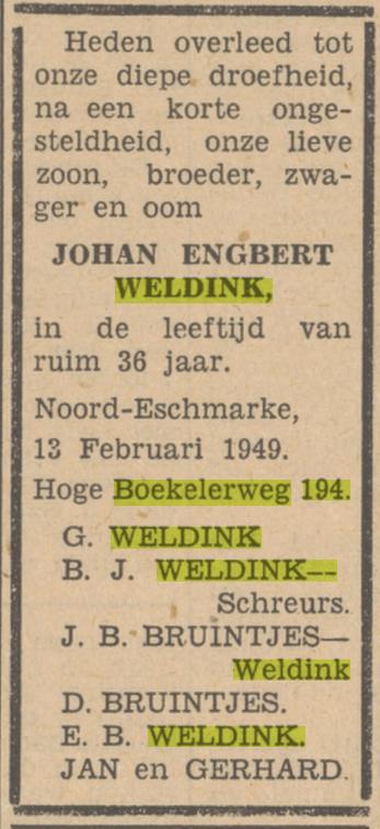 Hoge Boekelerweg 194 J.E. Weldink overlijdensadvertentie Tubantia 14-2-1949.jpg