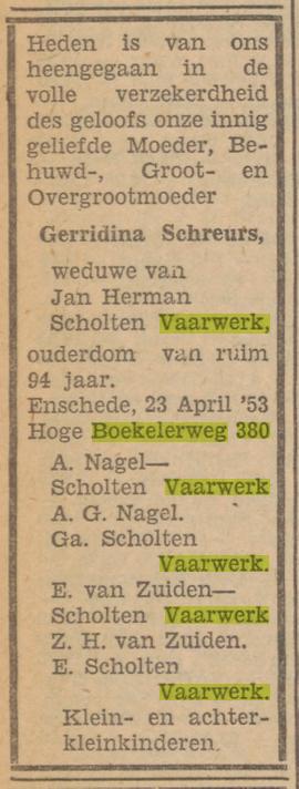 Hoge Boekelerweg 380 Wed. G. Schreurs-Scholten Vaarwerk overlijdensadvertentie Tubantia 24-4-1953.jpg