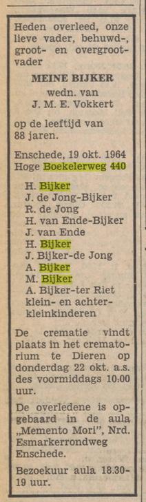 Hoge Boekelerweg 440 Meine Bijker overlijdensadvertentie Tubantia 20-10-1969.jpg