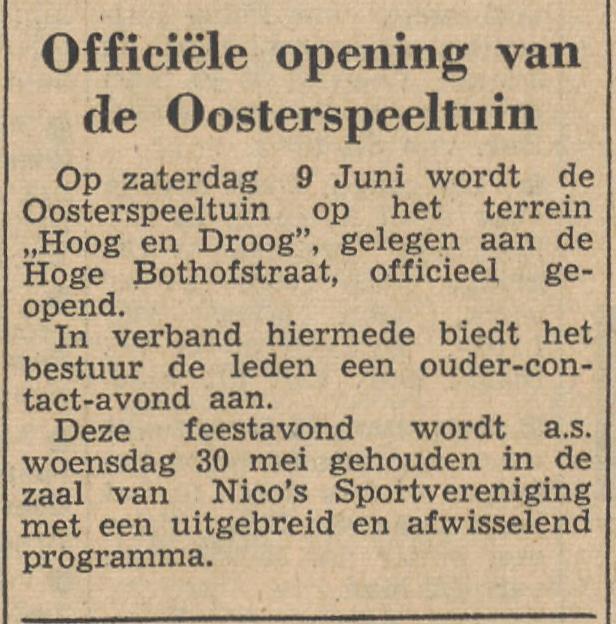 Hoge Bothofstraat 52 hoek Hoog en Droog opening Oosterspeeltuin krantenbericht Tubantia 28-5-1956.jpg