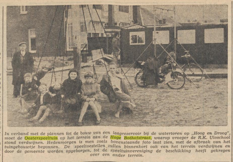 Hoge Bothofstraat 52 hoek Hoog en Droog Oosterspeeltuin op plek voormalige RK jongens Uloschool krantenfoto Tubantia 27-1-1960.jpg