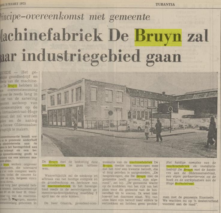 Hoge Bothofstraat 1-3 hoek Oldenzaalsestraat Machinefabriek De Bruyn krantenbericht Tubantia 18-3-1975.jpg