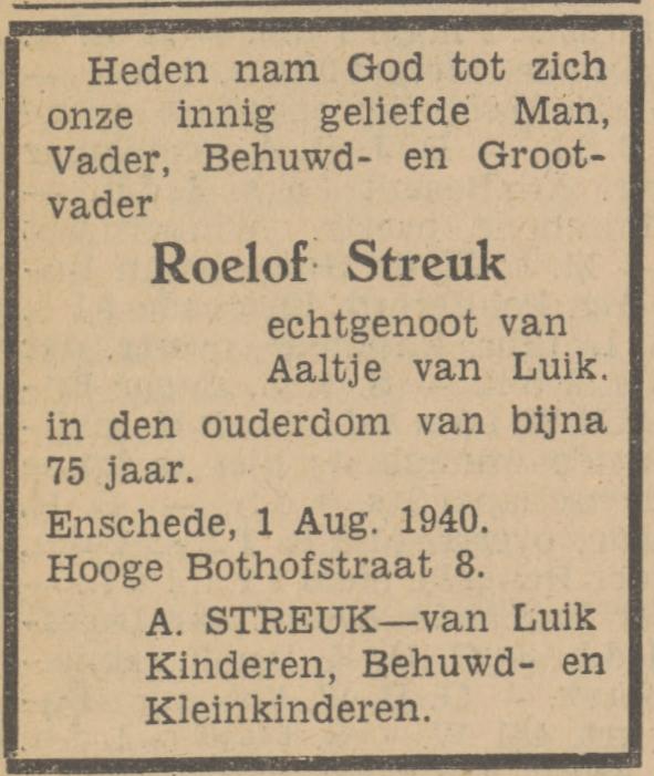 Hoge Bothofstraat 8 Roelof Streuk overlijdensadvertentie Tubantia 2-8-1940.jpg