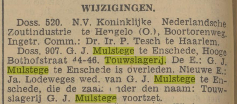 Hoge Bothofstraat 44-46 Touwslagerj G.J. Mulstege krantenbericht Tubantia 30-11-1940.jpg