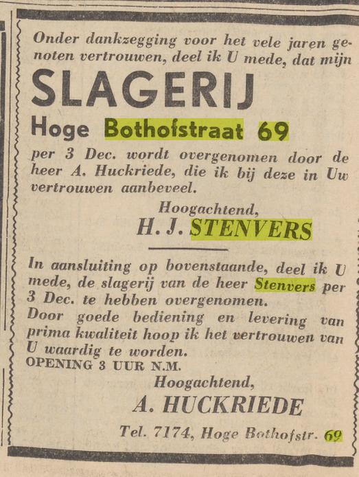 Hoge Bothofstraat 69 slagerij H.J. Stenvers overgenomen J. Huckriede advertentie Tubantia 2-12-1953.jpg