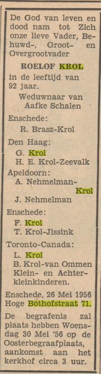 Hoge Bothofstraat 71 Roelof Krol overlijdensadvertentie Tubantia 28-5-1956.jpg