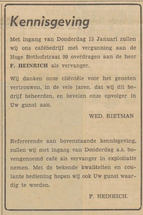 Hoge Bothofstraat 99 cafe Rietman overgedragen aan F. Heinrich advertentie Tubantia 13-1-1959.jpg