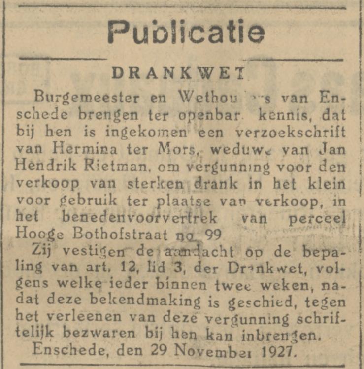 Hoge Bothofstraat 99 cafe Rietman drankvergunning piblicatie Tubantia 29-11-1927.jpg