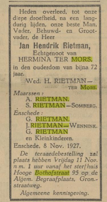 Hoge Bothofstraat 95 J.H. Rietman overlijdensadvertentie Tubantia 8--1927.jpg