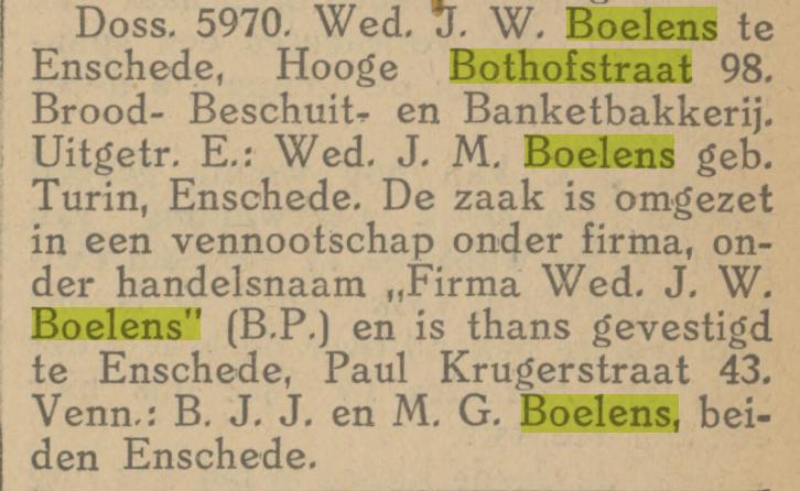 Hoge Bothofstraat 98 B.J.J. Boelens Brood-, Beschuit- en Banketbakkerij krantenbericht Tubantia 7-10-1927.jpg