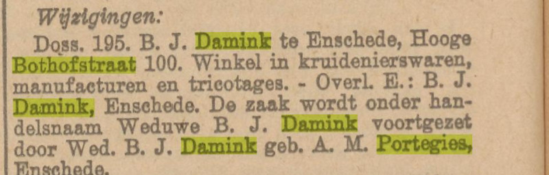 Hoge Bothofstraat Wed. A.M. Damink-Portegies krantenbericht Nieuwe Hengeloosche Courant 29-2-1932.jpg