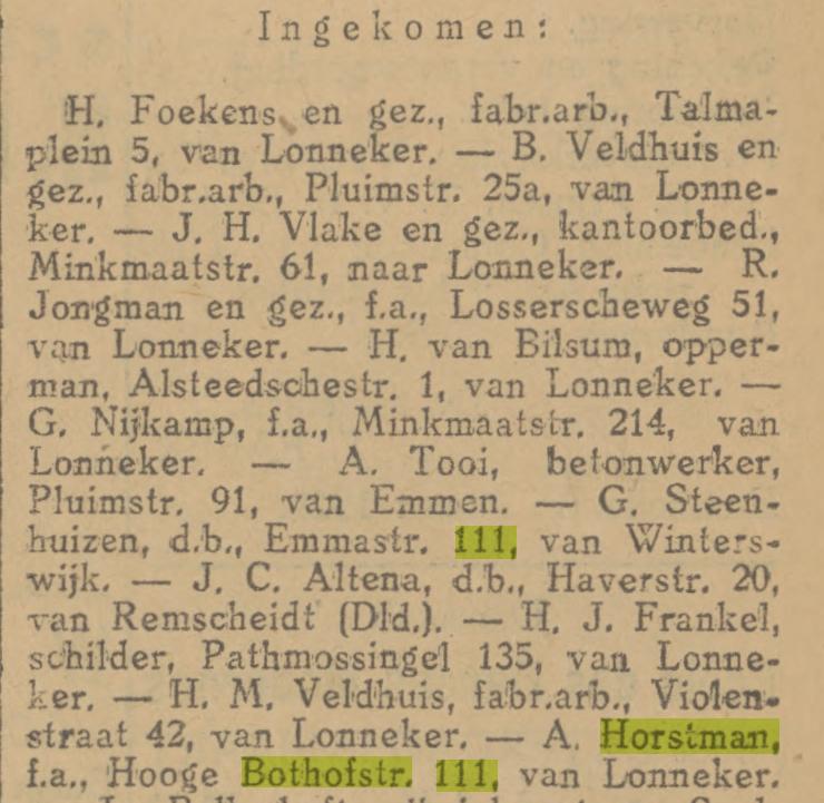Hoge Bothofstraat 111 A. Horstman fabrieksarbeider krantenbericht Tubantia 14-3-1929.jpg