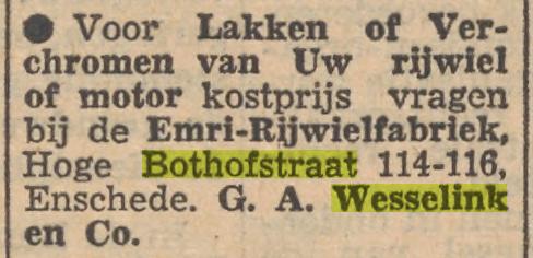 Hoge Bothofstraat 114-116 G.A. Wesselink rijwielhandel adverttentie Tubantia 19-3-1954.jpg