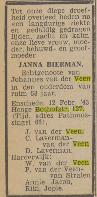 Hoge Bothofstraat 127 J. van der Veen-Bierman overlijdensadvertentie Twentsch nieuwsblad 13-2-1943.jpg