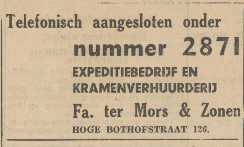 Hoge Bothofstraat 126 Expeditiebedrijf kramenverhuurderij Fa. ter Mors & Zonen advertentie Tubantia 25-9-1947.jpg
