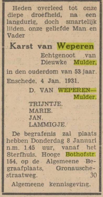 Hoge Bothofstraat 154 Kart van Weperen overlijdensaadvertentie Tubantia 5-1-1931.jpg