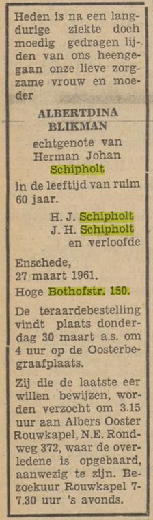 Hoge Bothofstraat 150 A. Schipholt-Blikman overlijdensadvertentie Tubantia 28-3-1961.jpg