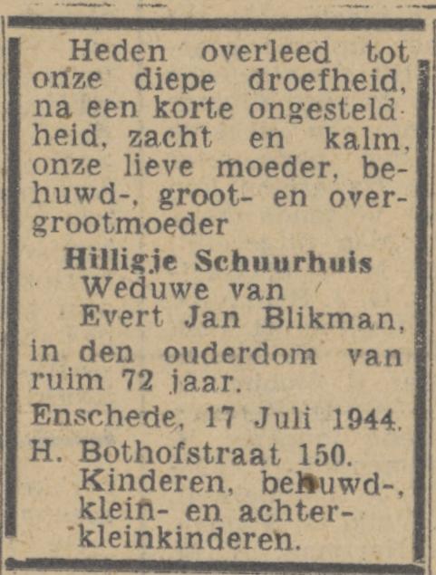 Hoge Bothofstraat 150 Wed. H. Blinkman-Schuurhuis overlijdensadvertentie Twentsch nieuwsblad 19-7-1944.jpg