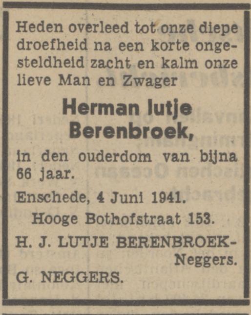 Hoge Bothofstraat 153 H. Lutje Berenbroek overlijdensadvertentie Tubantia 5-6-1941.jpg