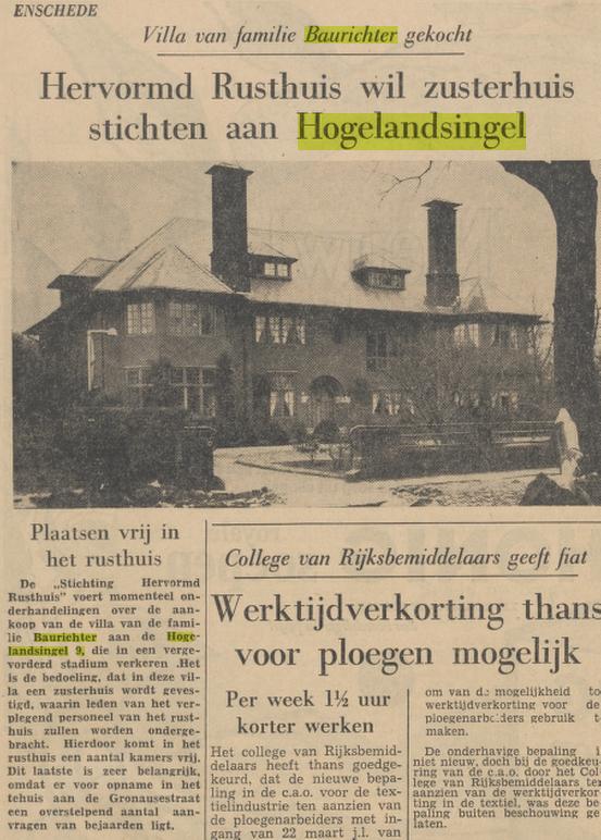 Hogelandsingel 9 villa Baurichter wordt zusterhuis Hervormd Rusthuis krantenbericht Tubantia 23-3-1961.jpg