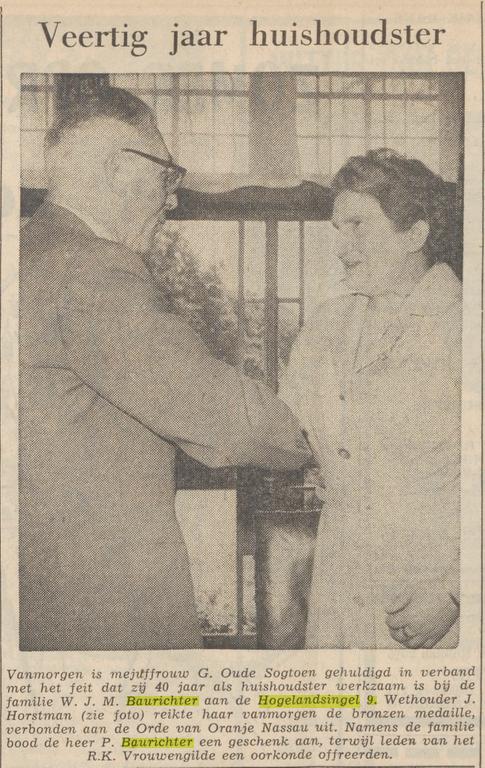 Hogelandsingel 9 Mej. G. Oude Sogtoen huishoudster bij fam, Baurichter krantenbericht Tubantia 21-7-1960.jpg