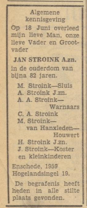 Hogelandsingel 19 Jan Stroink A.zn overlijdensadvertentie Tubantia 22-6-1959.jpg