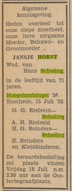 Hogelandsingel 36 Wed. J. Scholing-Horst overlijdensadvertentie Tubantia 16-7-1952.jpg