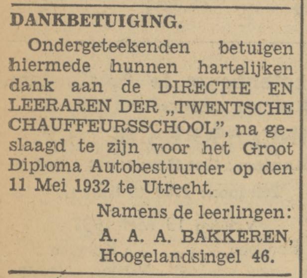 Hogelandsingel 46 A.A.A. Bakkeren advertentie Tubantia 13-5-1932.jpg
