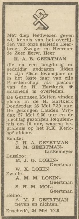 Hogelandsingel 41 H.A.B Geertman pastoor H. Hartkerk overlijdensadvertentie De Maasbode 25-5-1949.jpg