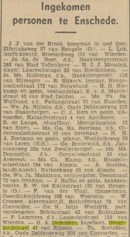 Hogelandsingel 41 H.A. Demmers kapelaan krantenbericht Tubantia 4-1-1938.jpg