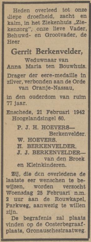 Hogelandsingel 60 G. Berkenvelder overlijdensadvertentie Tubantia 23-2-1942.jpg