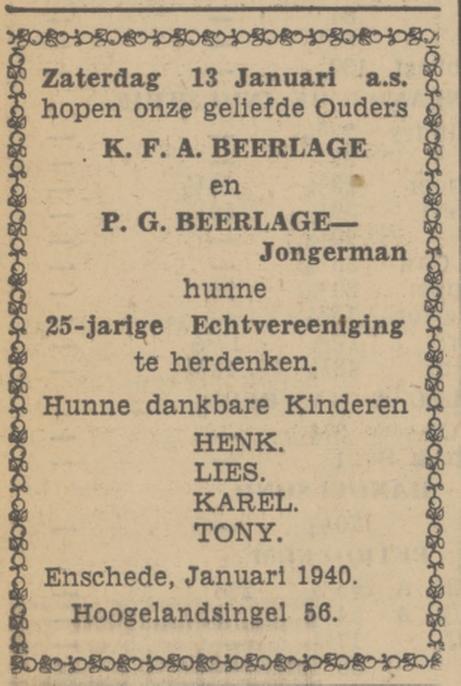 Hogelandsingel 56 K.F.A. Beerrlage advertentie Tubantia 11-1-1940.jpg