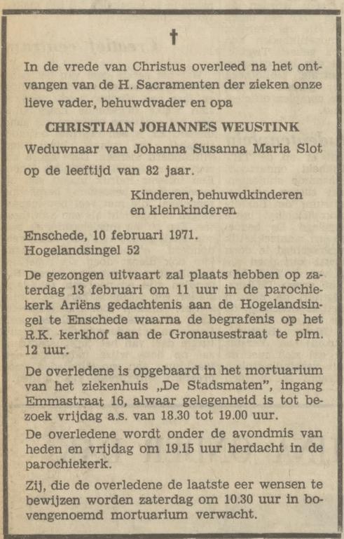 Hogelandsingel 52 C.J. Weustink overlijdensadvertentie Tubantia 11-2-1971.jpg