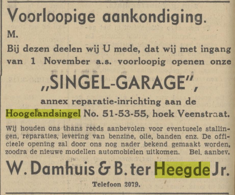 Hogelandsingel 51-53-55 Singel-garage W. Damhuis & B. ter Heegde Jr. advertentie Tubantia 1-11-1938.jpg