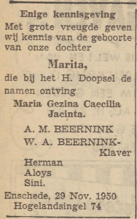 Hogelandsingel 74 A.M. Beernink advertentie Twentsche courant 30-11-1950.jpg
