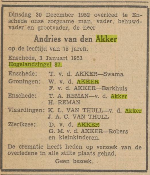Hogelandsingel 87 Andries van den Akker overlijdensadvertentie Tubantia 3-1-1953.jpg