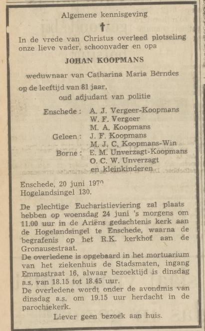 Hogelandsingel 130 Johan Koopmans adjudant van politie overlijdensadvertentie Tubantia 22-6-1970.jpg