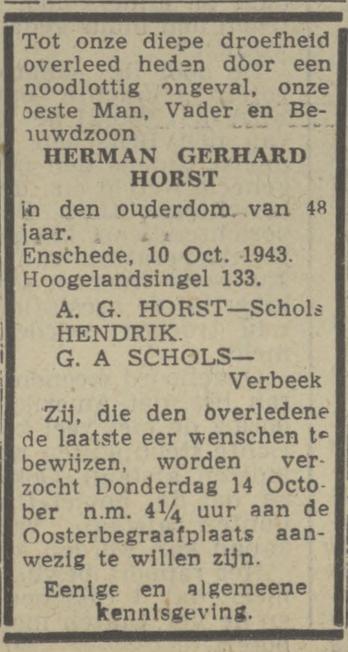 Hogelandsingel 133 H.G. Horst overlijdensadvertentie Twentsch nieuwsblad 13-10-1943.jpg