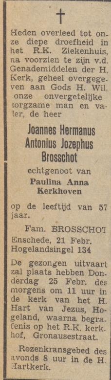 Hogelandsingel 134 J.H.A.J. Brosschot overlijdensadvertentie Twentsche courant 22-2-1954.jpg