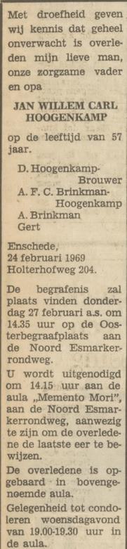 Holterhofweg 204 J.W.C. Hoogenkamp overlijdensadvertentie Tubantia 25-2-1969.jpg
