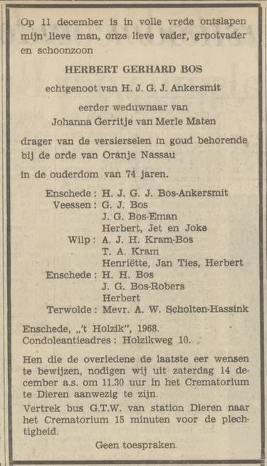 Holzikweg 10 't Holzik Herbert Gerhard Bos overlijdens advertentie Tubantia 12-12-1968.jpg