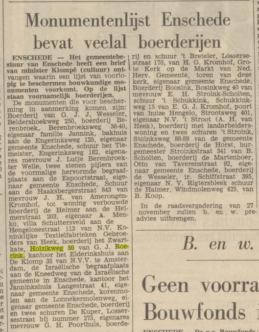Holzikweg 50 boerderij het Zwartkate van G.J. Roerink op monumentenlijst krantenbericht Tubantia 22-11-1967.jpg