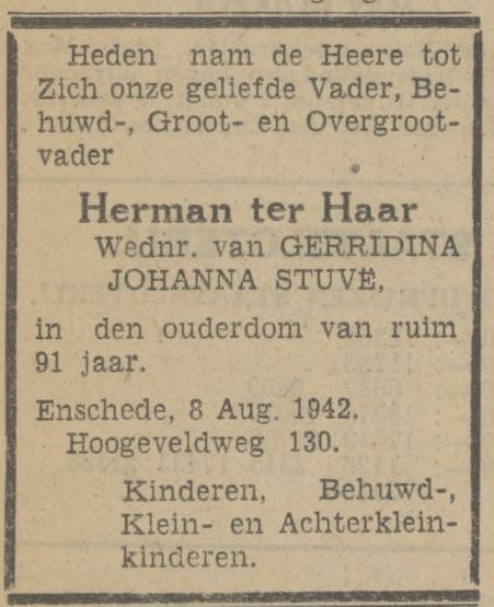 Hogeveldweg 130 Herman ter Haar overlijdensadvertentie 10-8-1942.jpg