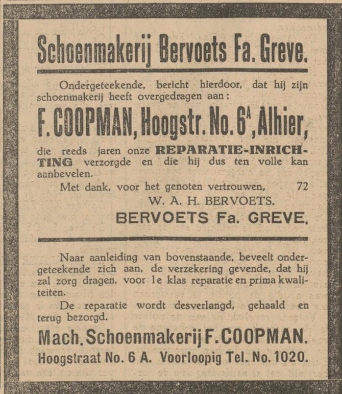 Hoogstraat 6 schoenmakerij F. Coopman advertentie Tubantia 25-10-1929.jpg