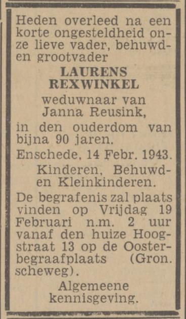 Hoogstraat 13 Laurens Rexwinkel overlijdensadvertentie Twentsch nieuwsblad 16-2-1943.jpg